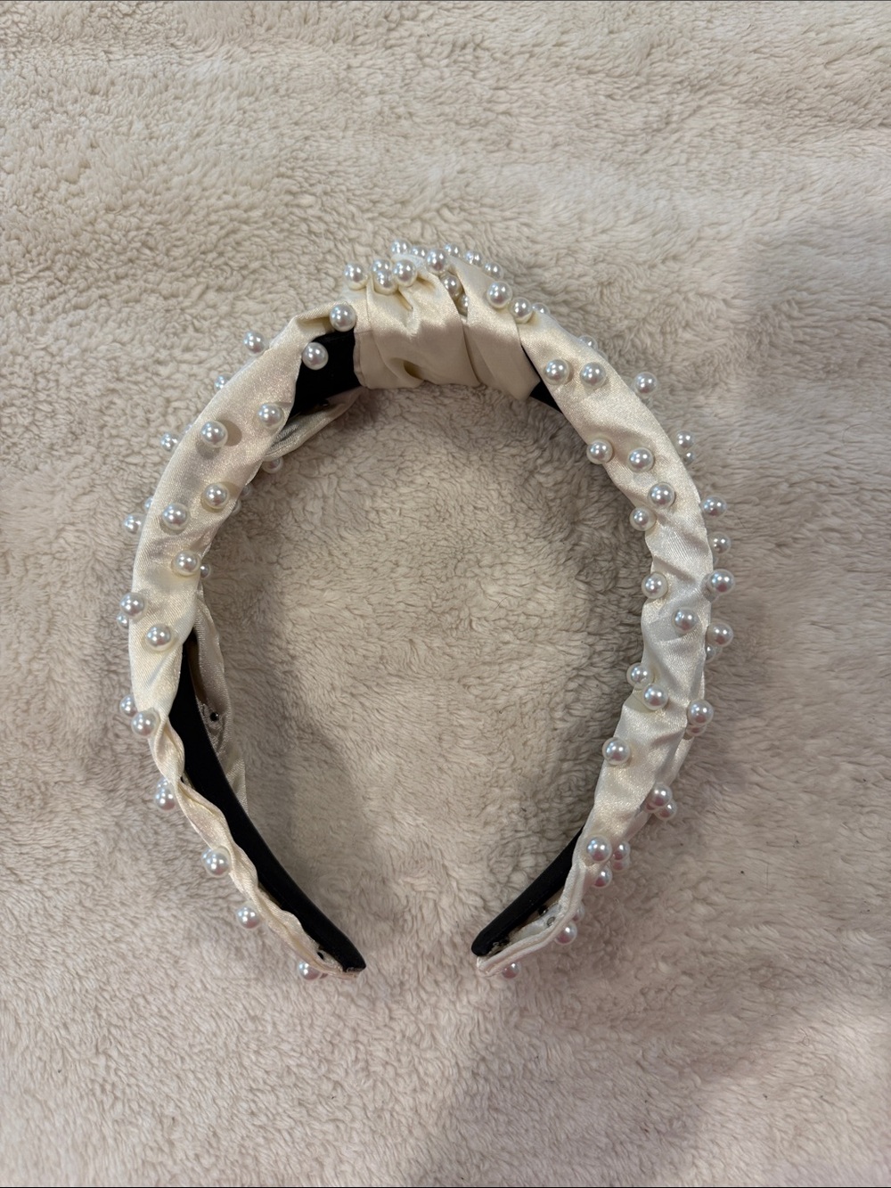 Pearl-Embellished Cream Satin Headband - Women Accessories